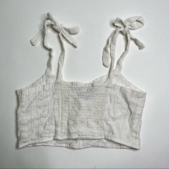 Angie Y2K White Texture Smocked Style Button Up Bow Tie Straps Cropped Bra Top - Picture 4 of 4